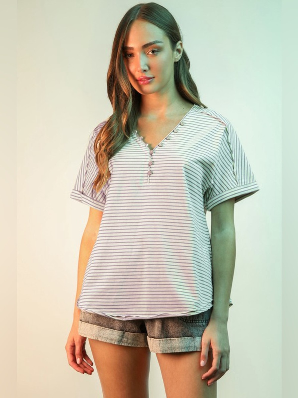 VERY J Striped V-Neck Short Sleeve T-Shirt